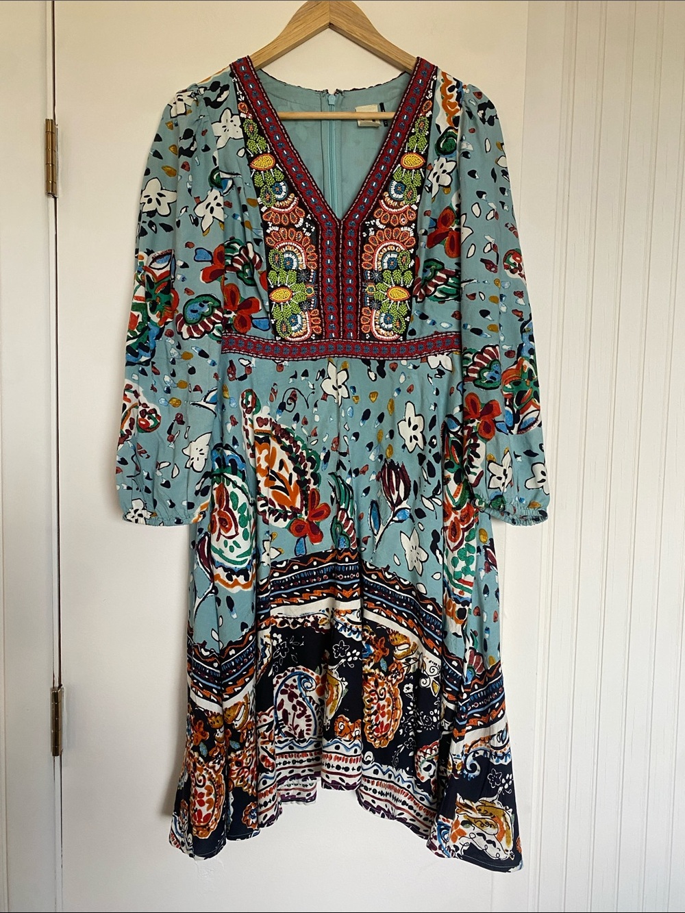 Embroidered V-Neck Midi Dress in Light Blue Floral